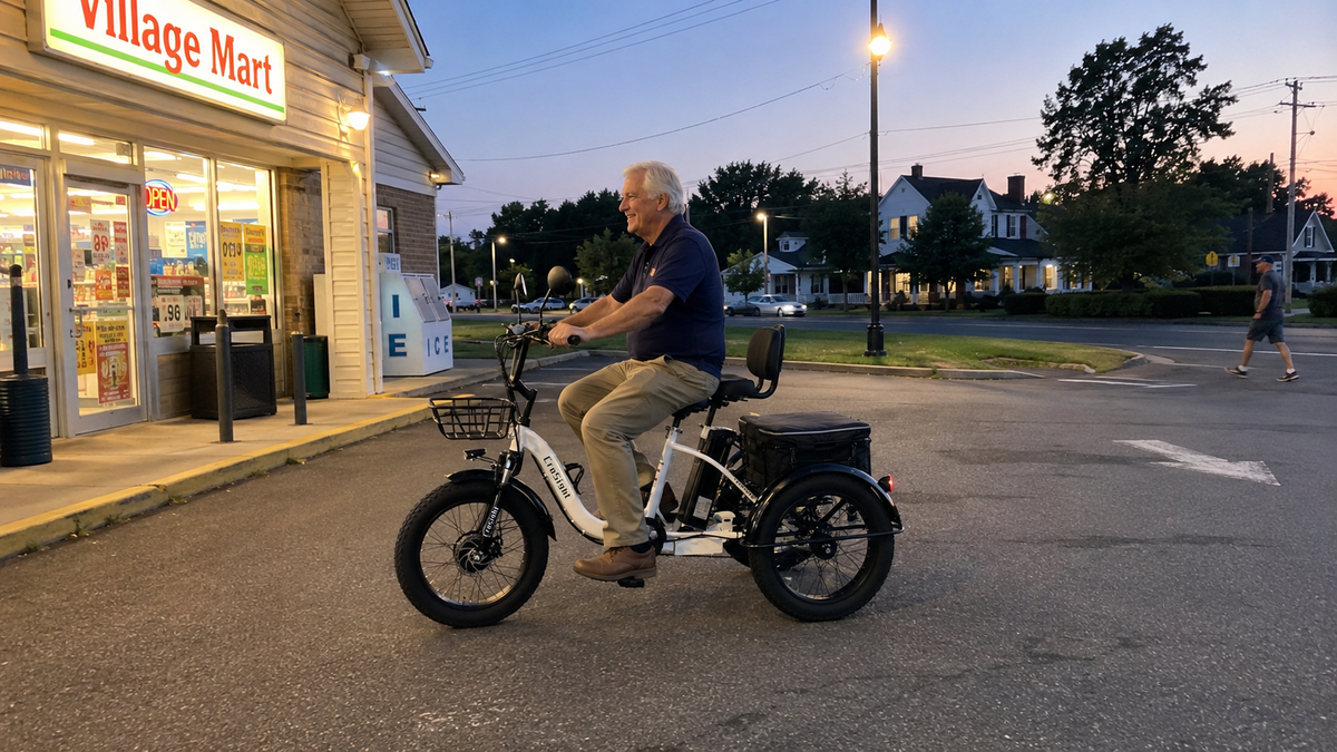A man riding a white CroSight electric trike outside a neighborhood convenience store at dusk during an everyday errand.