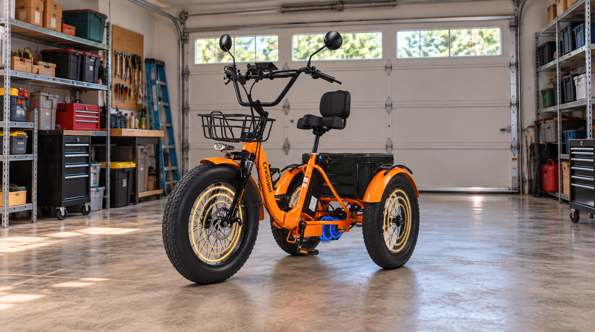 Orange CroSight T3 electric tricycle parked inside a residential garage, featuring 20×4-inch fat tires, a front basket, and rear cargo storage.