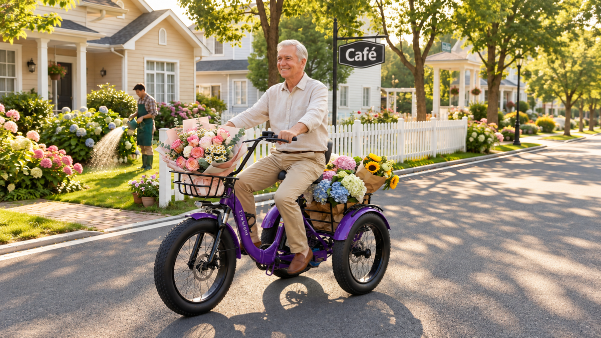 Man riding a purple CroSight electric tricycle with front and rear baskets filled with flowers along a sunny neighborhood street.