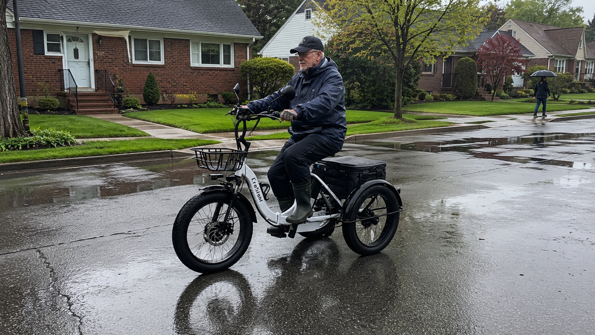 CroSight rider using a trike on a rainy neighborhood street