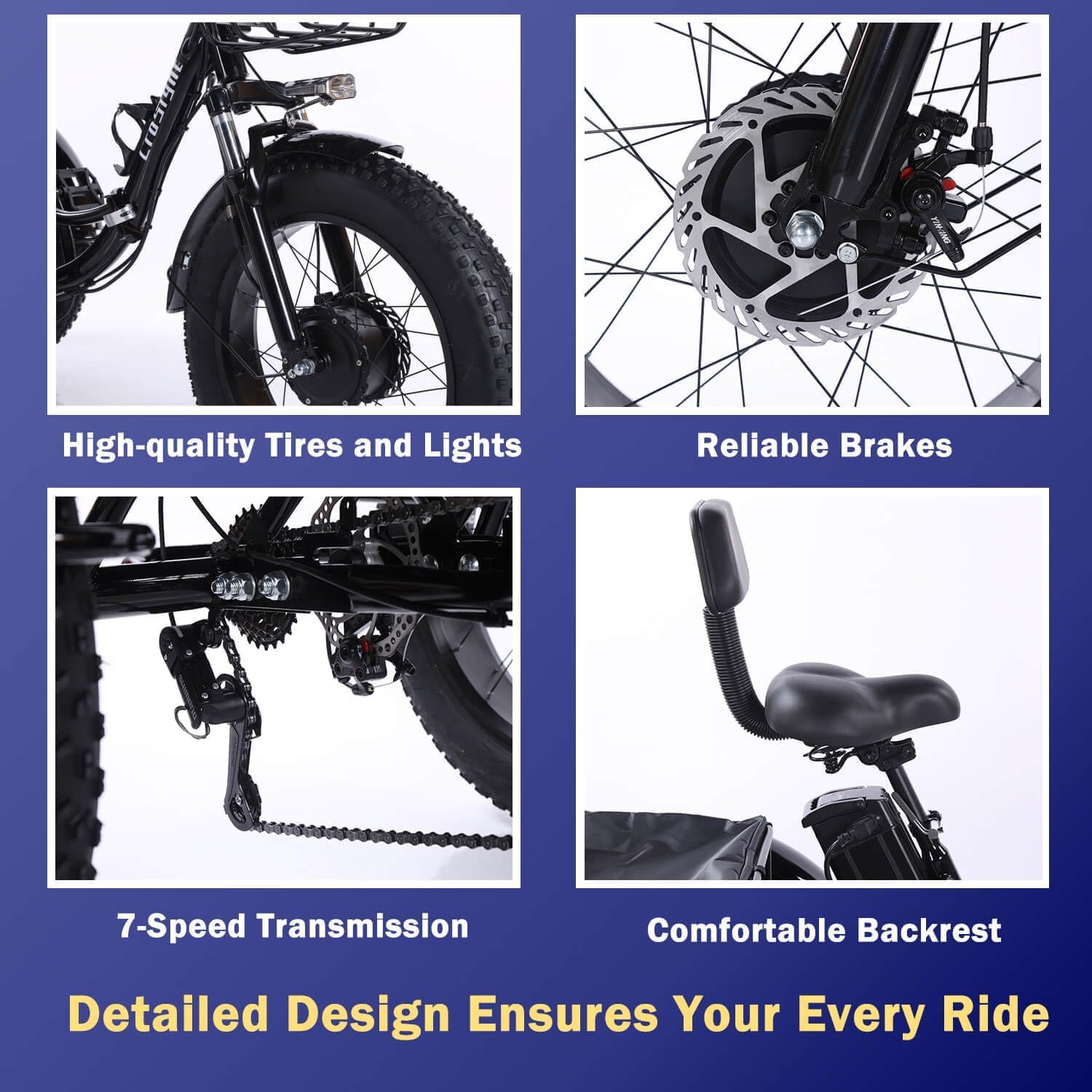 CroSight T3 Pro tires, lights, brakes, transmission, and backrest details