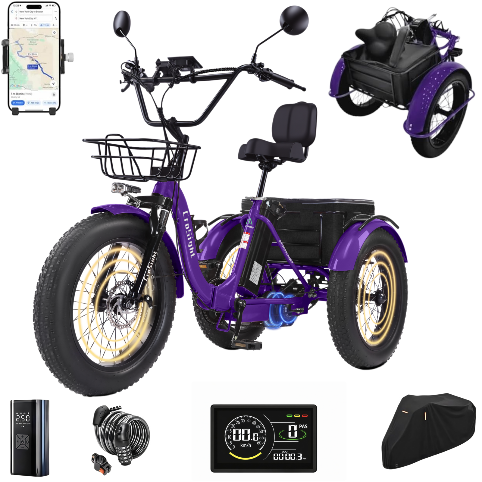 Triciclo elétrico dobrável inteligente CroSight 2.0 com Bluetooth