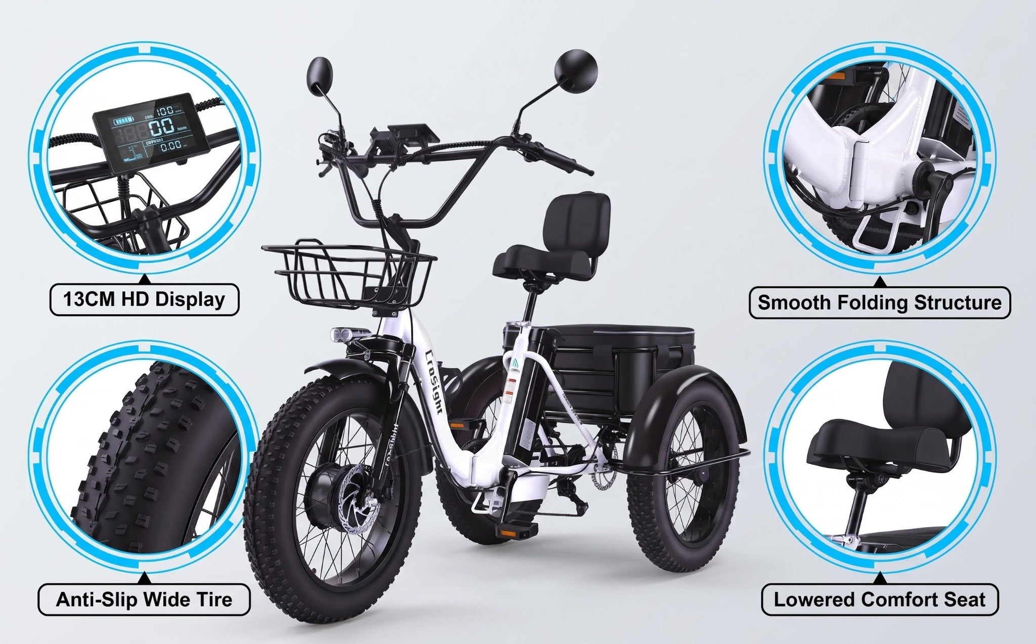 CroSight T3 electric trike with 13 cm HD display, fat tires, folding structure, and lowered comfort seat