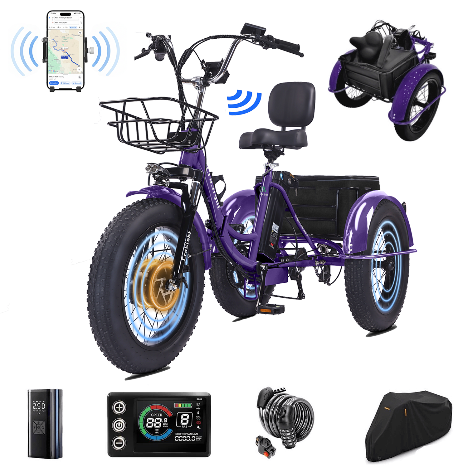 CroSight 2.0 Electric Tricycle for Adults, 20"x4" Fat Tire Folding Electric Trike, 48V 20Ah Long-Range Battery, 1700W Peak Motor, Bluetooth Speaker, USB Port, 22MPH 75KM 7 Speed, 3 Wheel E-Trike