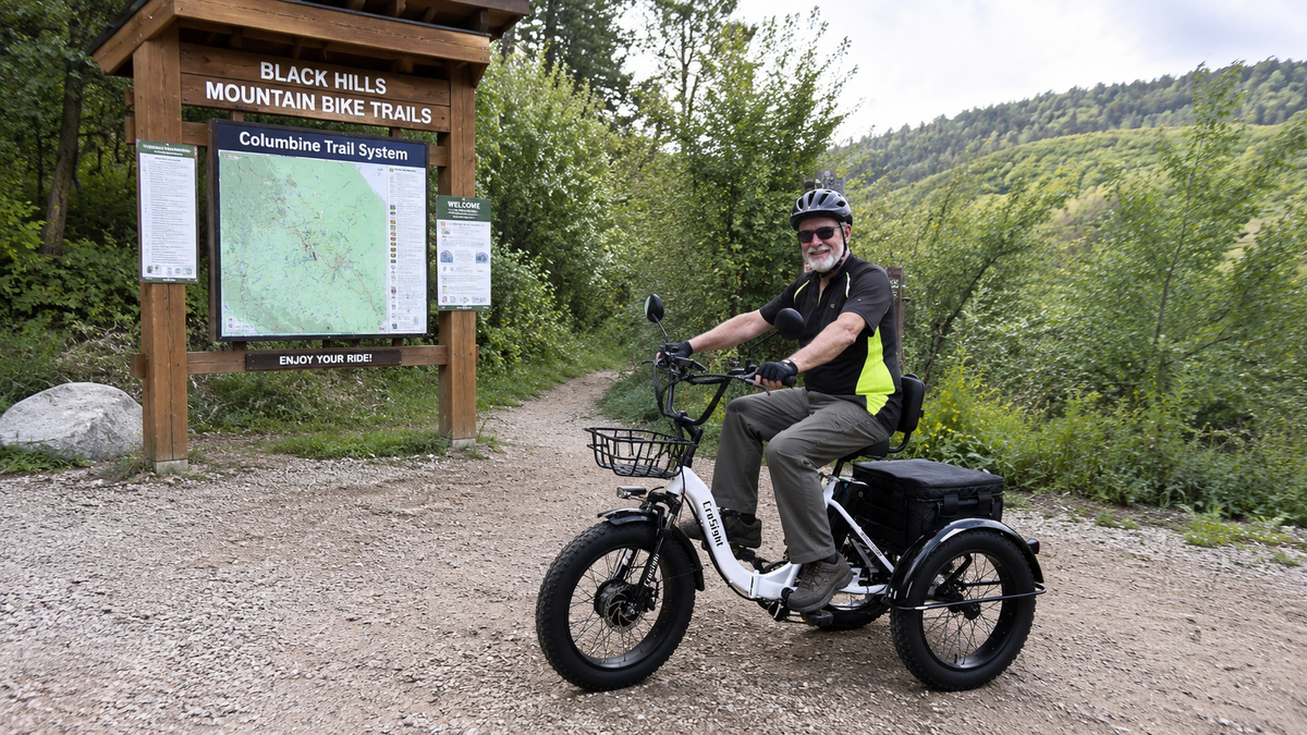 A rider on a white CroSight fat-tire electric trike with front and rear cargo baskets at the Black Hills mountain bike trailhead, surrounded by green hills and trees.