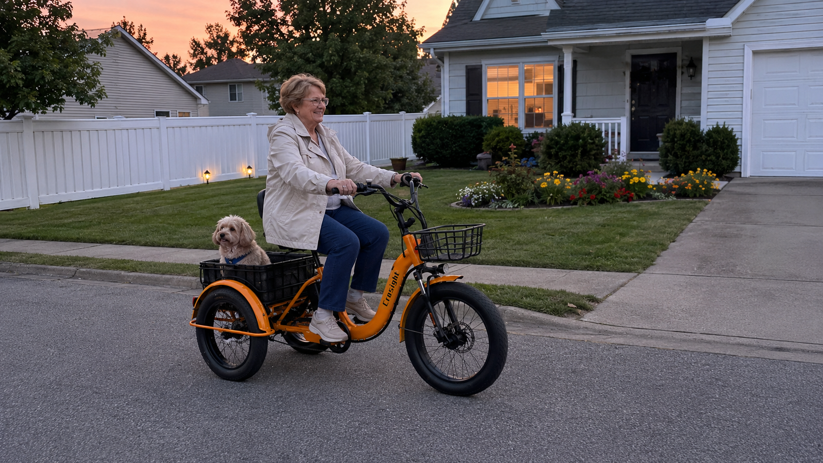 Rider using the CroSight T3 folding electric trike outdoors