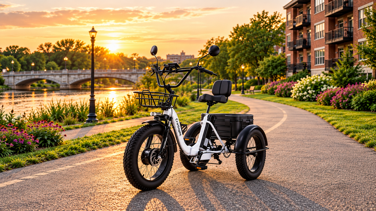 White CroSight electric trike parked on a paved riverside path at sunset.