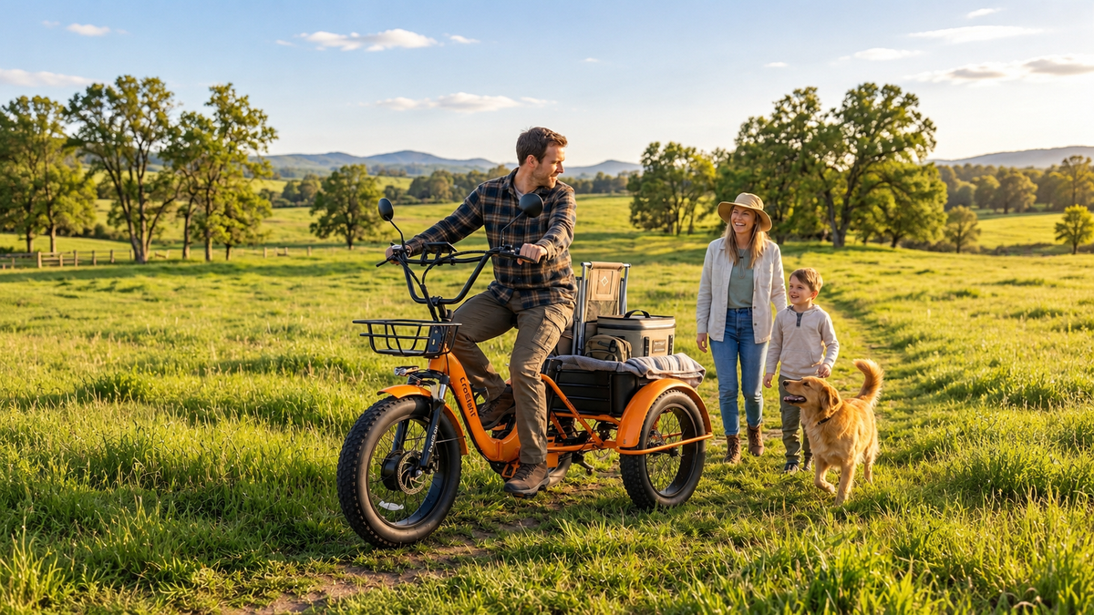 A man riding an orange CroSight electric trike with his family and dog in a grassy countryside setting.