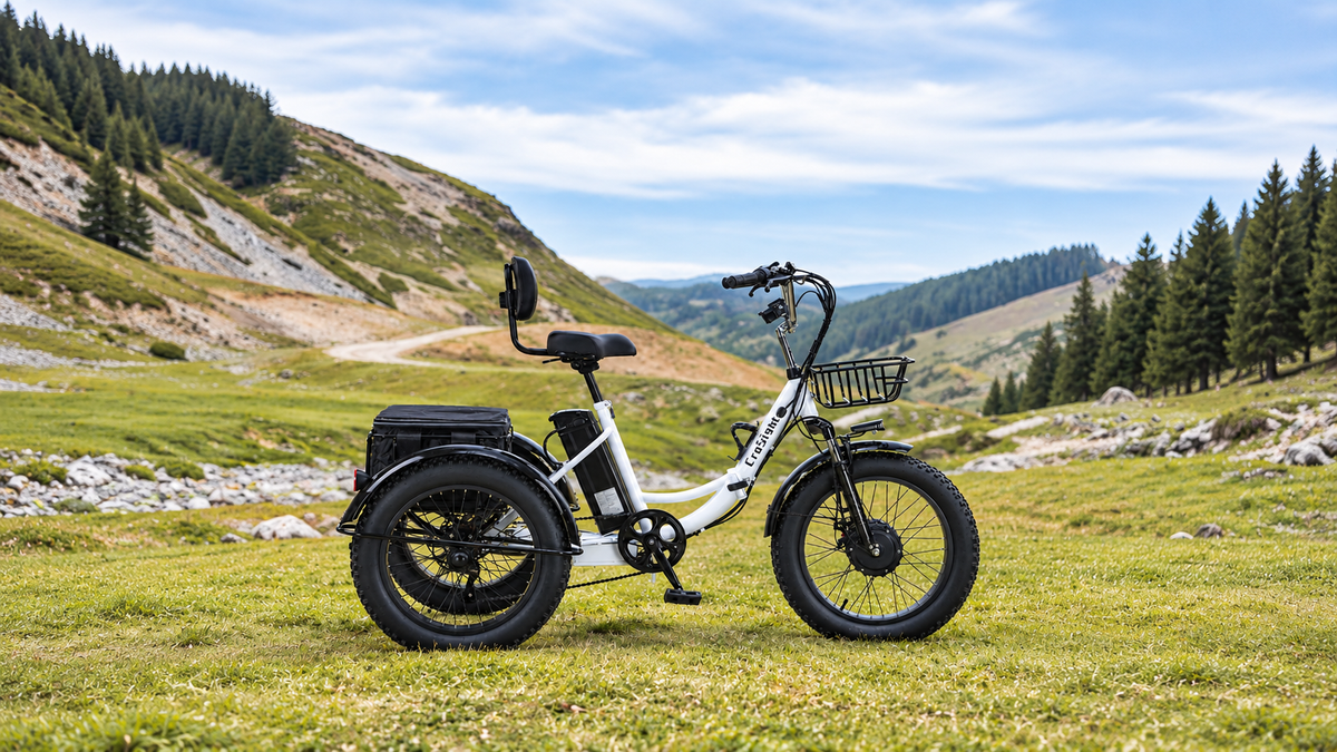 White CroSight electric trike with fat tires parked in a grassy mountain valley near a winding trail.