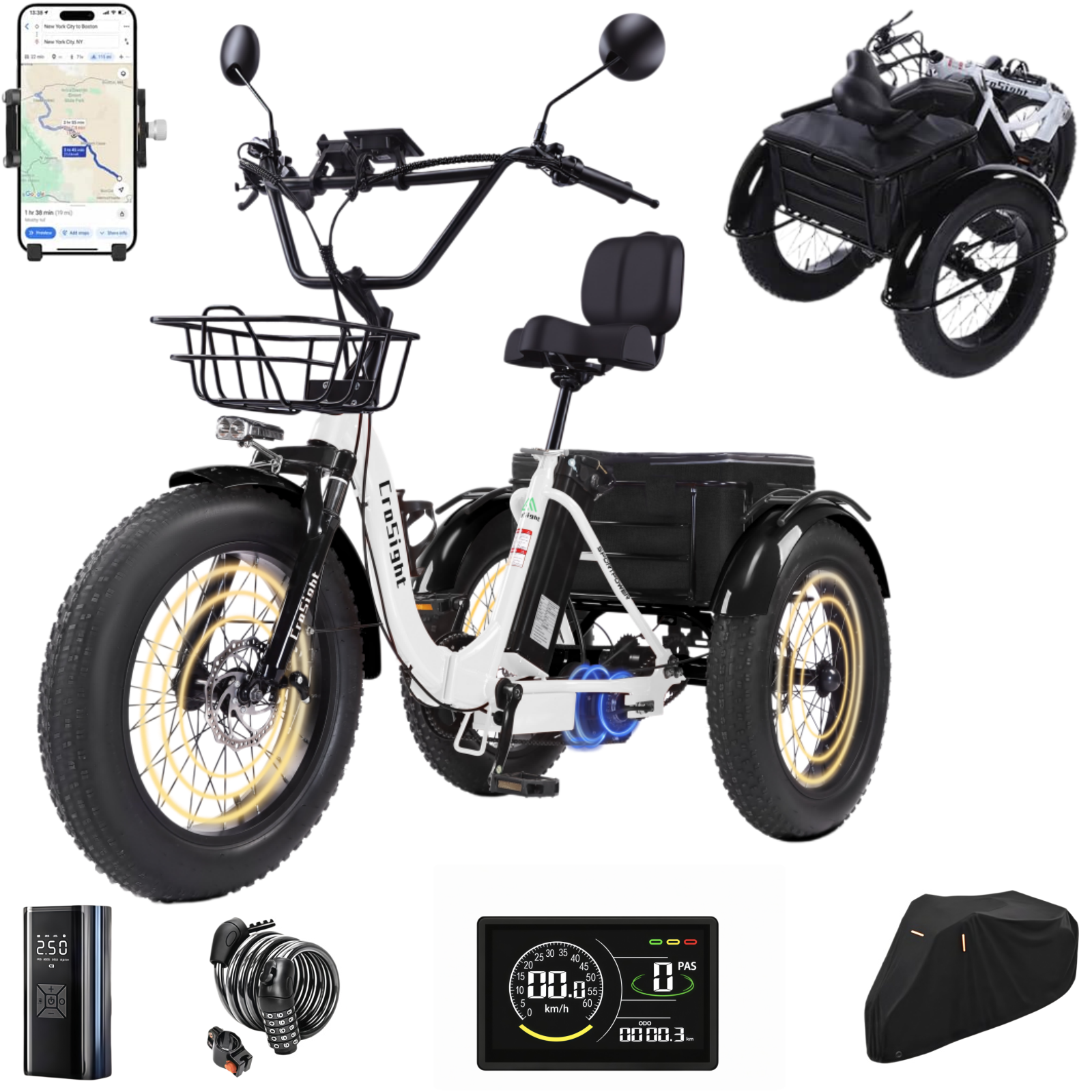 Triciclo elétrico dobrável inteligente CroSight 2.0 com Bluetooth