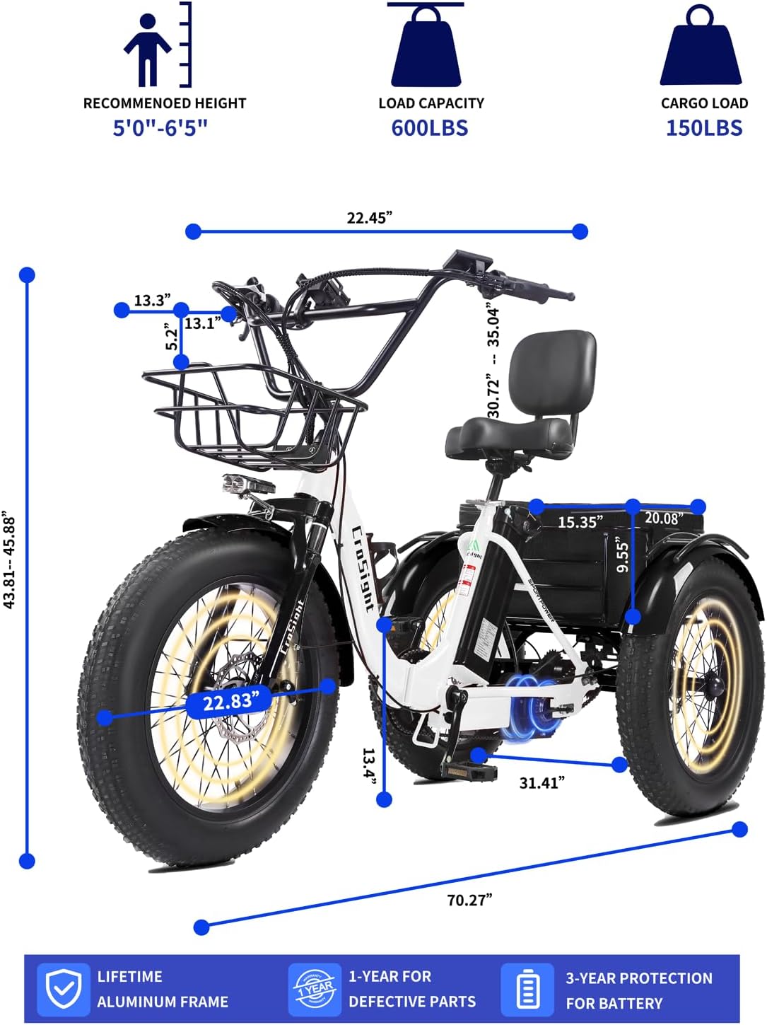 CroSight 2.0 Pro Electric Tricycle for Adults, 20"x4" Fat Tire Folding Electric Trike, Peak 1700W 48V 20Ah Removable Battery, Rear-Wheel Drive, Bluetooth Speaker, USB Port, 22MPH 75KM, 3 Wheel E-Trike