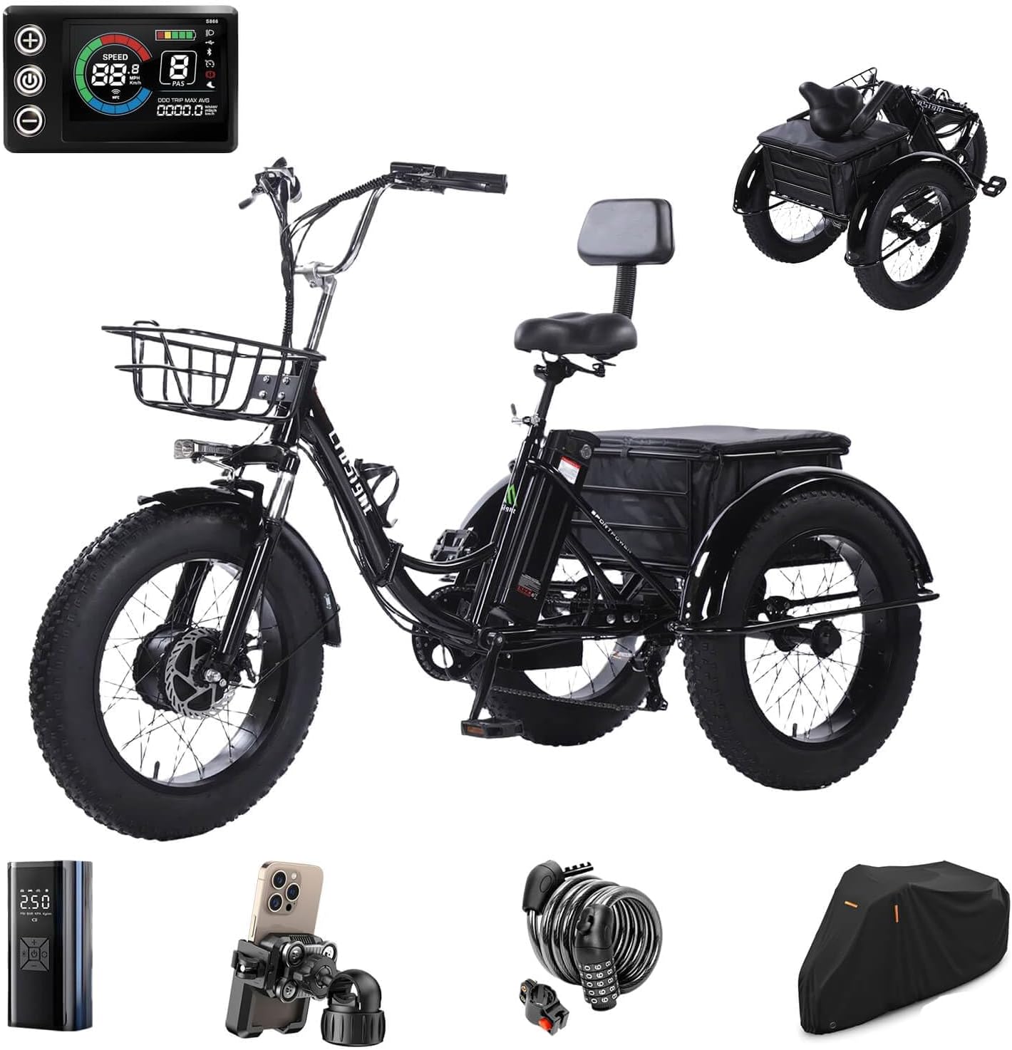 CroSight TX Electric Tricycle for Adults, 20"x4" Fat Tire Electric Trike,Peak 1700W 48V 20Ah,3 Wheel Folding Electric Tricycle, 22MPH 75KM 7 Speed Bicycle