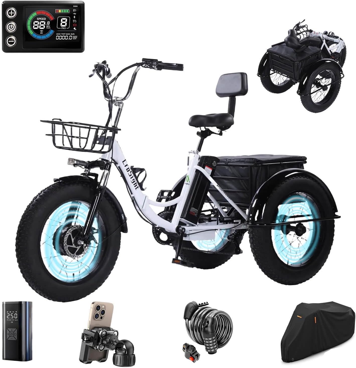 CroSight 1.0 Electric Tricycle for Adults, 20"x4" Fat Tire Electric Trike,Peak 1700W 48V 20Ah,3 Wheel Folding Electric Tricycle, 22MPH 75KM 7 Speed Bicycle