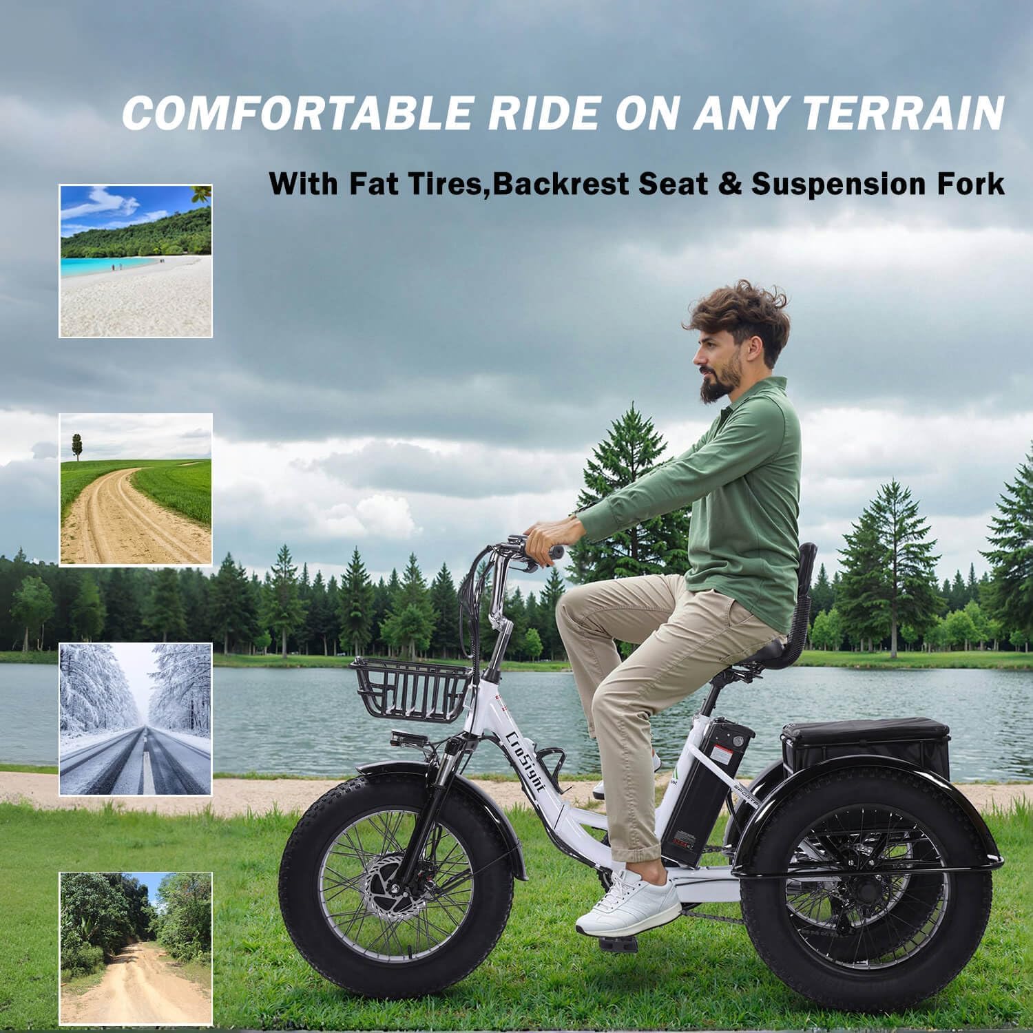 CroSight T3 fat tires, backrest, and suspension for maintained mixed surfaces