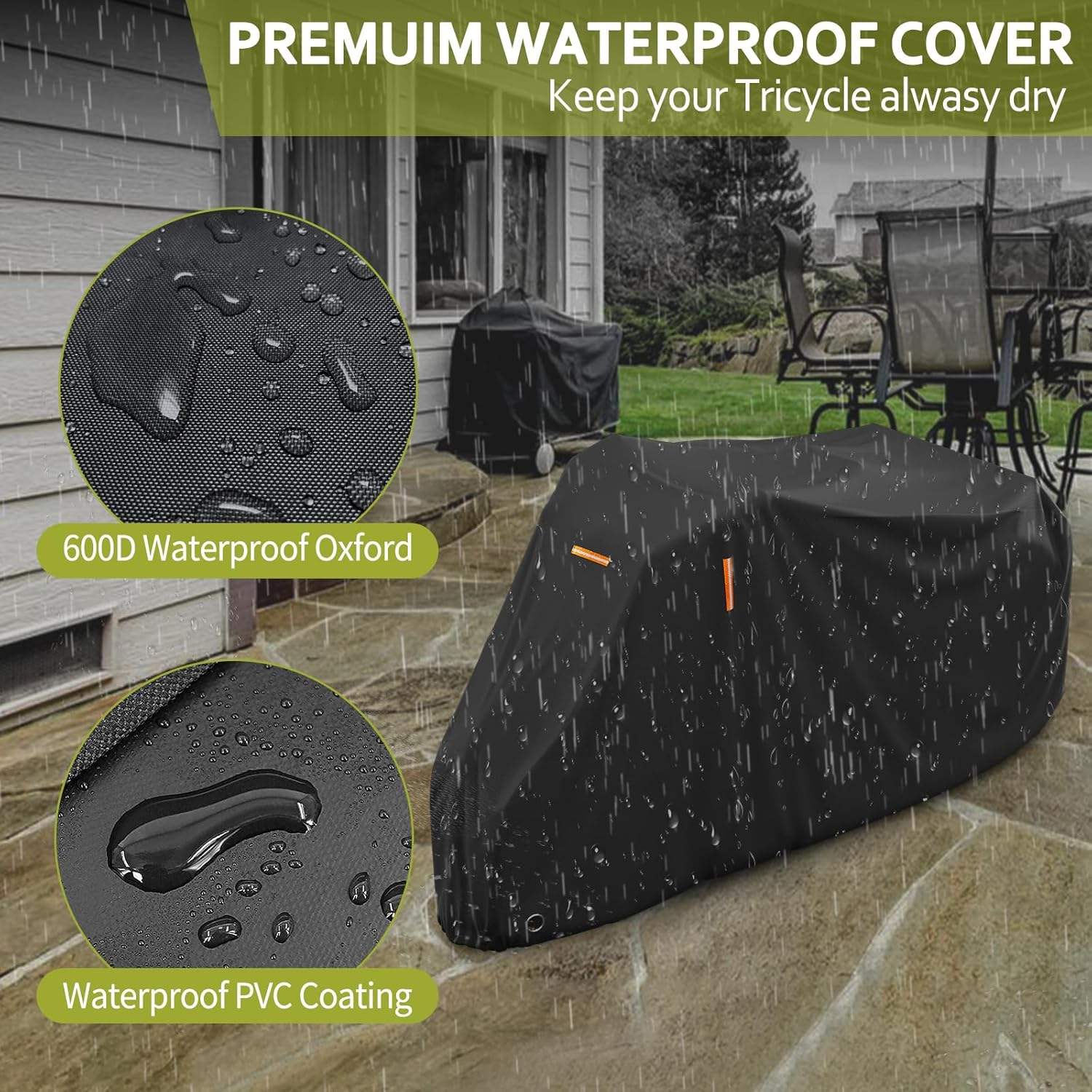 Electric Tricycle Cover for Adults, 420D Heavy Duty Electric Trike Covers, Waterproof Outdoor with 3 Wheel Lock Holes