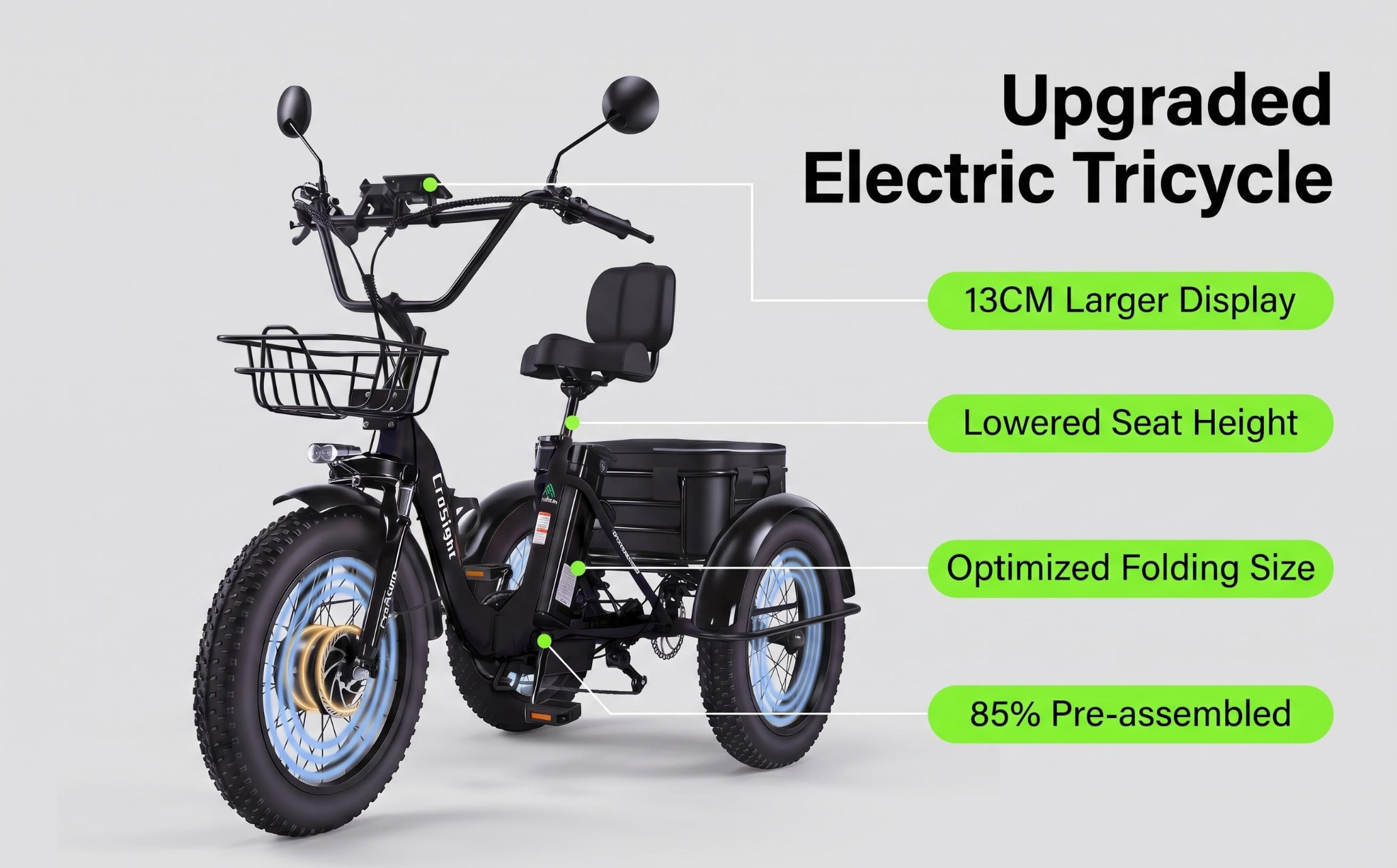 CroSight T3 upgraded electric tricycle with larger display, lower seat height, optimized folding size, and 85 percent pre-assembled