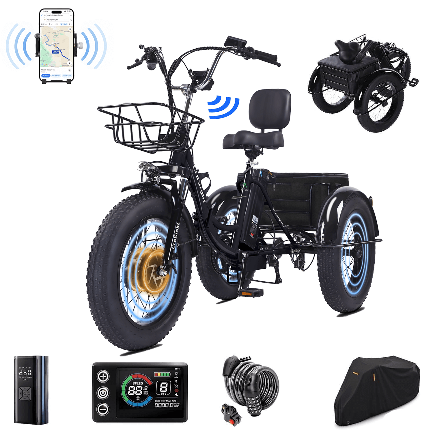CroSight TX Pro Electric Tricycle for Adults, 20"x4" Fat Tire Folding Electric Trike, 48V 20Ah Long-Range Battery, 1700W Peak Motor, Bluetooth Speaker, USB Port, 22MPH 75KM 7 Speed, 3 Wheel E-Trike
