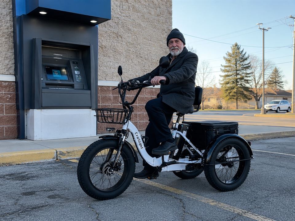 CroSight customer riding a white electric trike outside a shopping center.