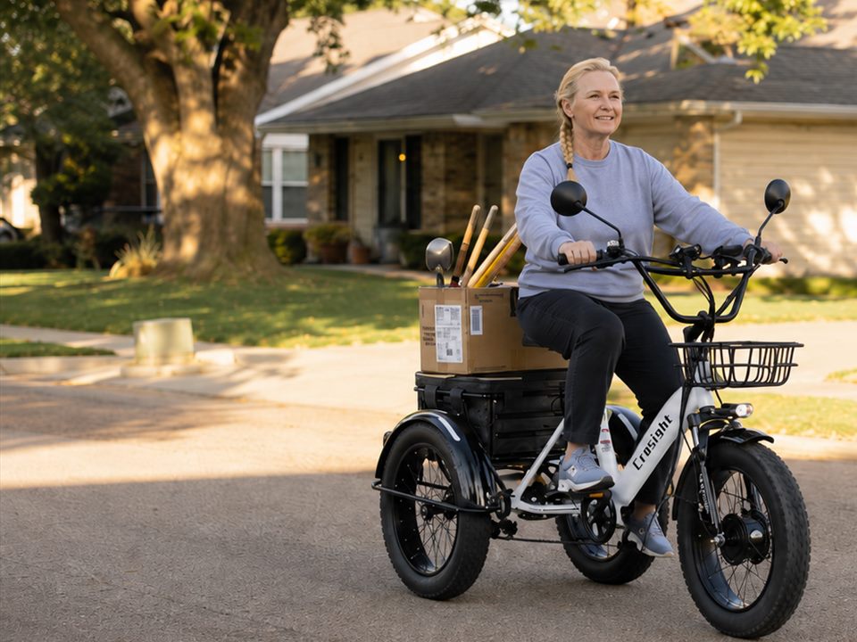 CroSight customer riding a white electric trike through a warm sunny neighborhood.