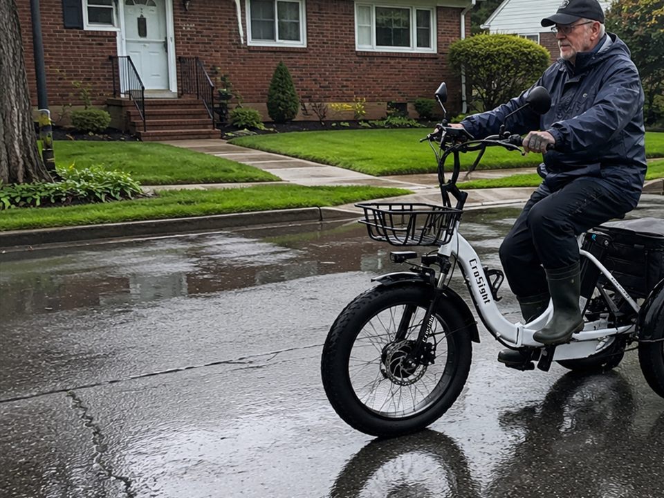 CroSight customer riding a white electric trike through a rainy neighborhood.