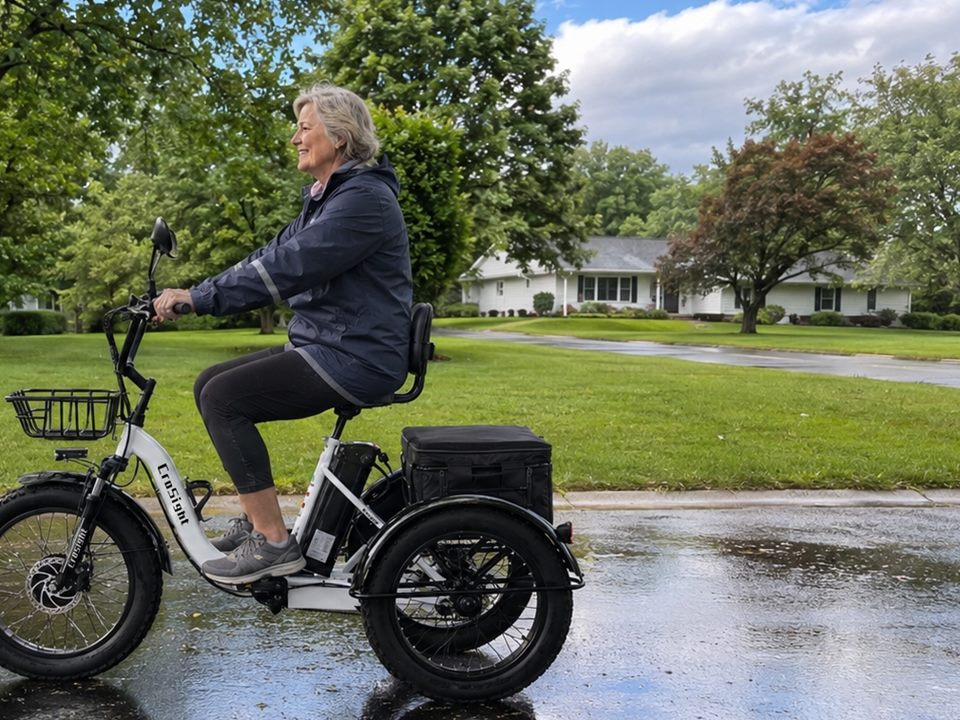 CroSight customer riding a white electric trike after rain in a green neighborhood.