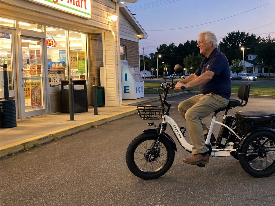 CroSight customer riding a white electric trike outside a convenience store at dusk.